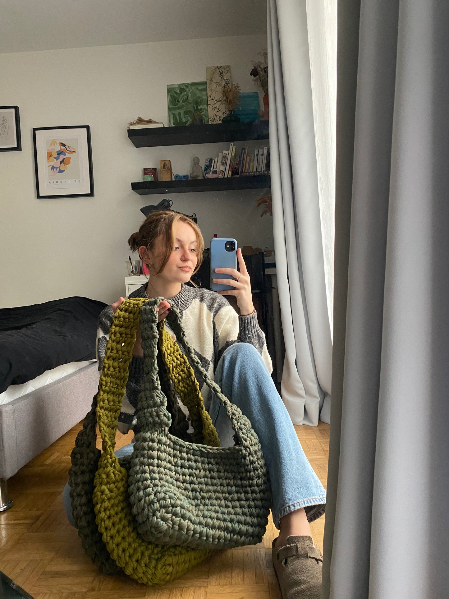 Sac en crochet kaki marbré
